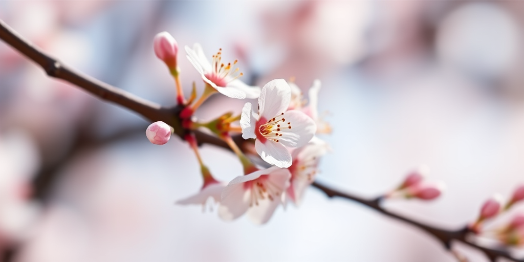 Capture a close-up view of delicate cherry blossoms on a branch with a soft bokeh background using a DSLR camera, f/2.8 aperture, 85mm lens, ISO 100, and natural light photography.