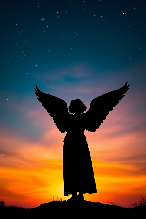 Create a silhouette of a figure with wings against a vibrant sunset sky featuring stars and shooting stars, using a DSLR camera with a 50mm lens, aperture set to f/1.8, ISO 200, and a low angle shot to enhance the dramatic effect.