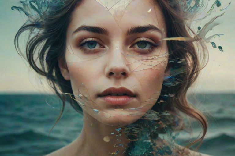 this picture is Book cover, A surreal double exposure portrait that blends a woman's face with a beautiful seascape. The overall mood is dreamy and mystical, with rich colors and intricate details
