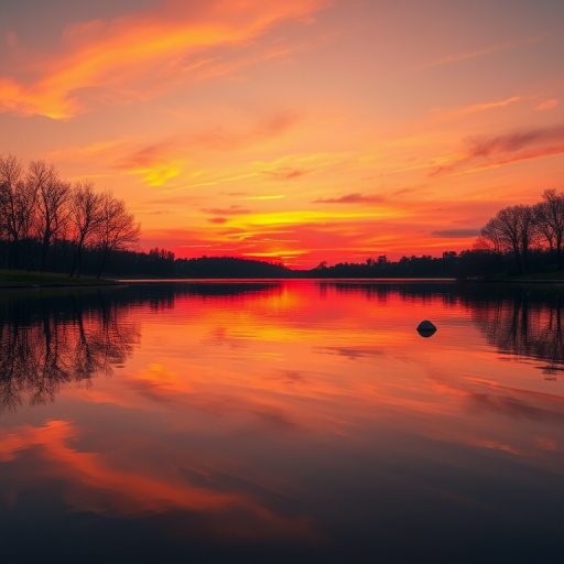 Generate a high-resolution image of a scenic sunset over a calm lake with vibrant colors, using a DSLR camera with a 50mm lens, aperture set to f/1.8, ISO 100, shutter speed 1/125 sec, capturing a wide-angle view to emphasize the reflection on the water.