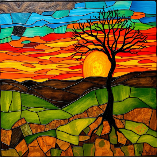 A vibrant abstract painting on Tiffany Glass, blending acrylic and alcohol ink techniques, captures a dramatic sunset over rolling hills. The artwork features a textured, rocky foreground in green and brown, layered abstract hills, and a striking sunset in rich oranges, yellows, and reds. A solitary black tree with intricate branches contrasts against the fiery sky, creating a dynamic and expressive portrayal of a breathtaking natural scene.