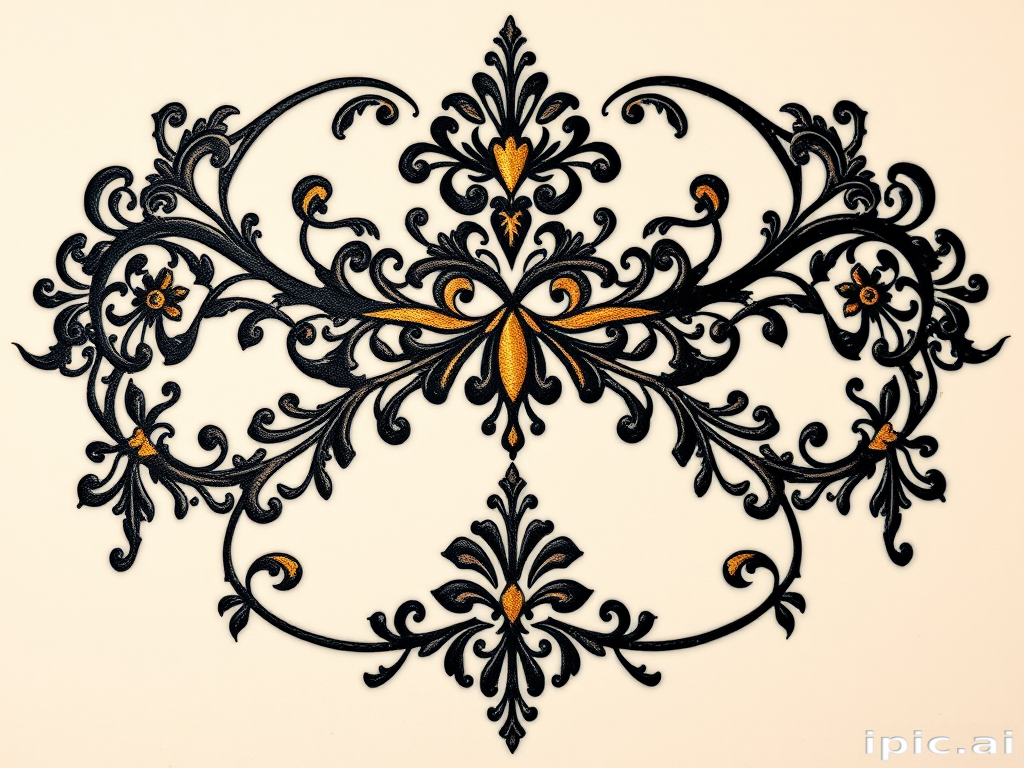 Ornamental tattoo "Regal Embellishment" featuring intricate lace-like patterns and filigree designs in black ink with touches of metallic gold for an elegant, jewelry-inspired look