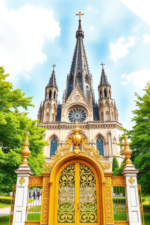 watercolor painting of Saint Chapelle with intricate details, golden ornate gate in the foreground, lush green trees, bright blue sky with soft clouds, shot with a DSLR camera at f/8, ISO 200, 50mm lens, natural lighting to enhance colors and shadows