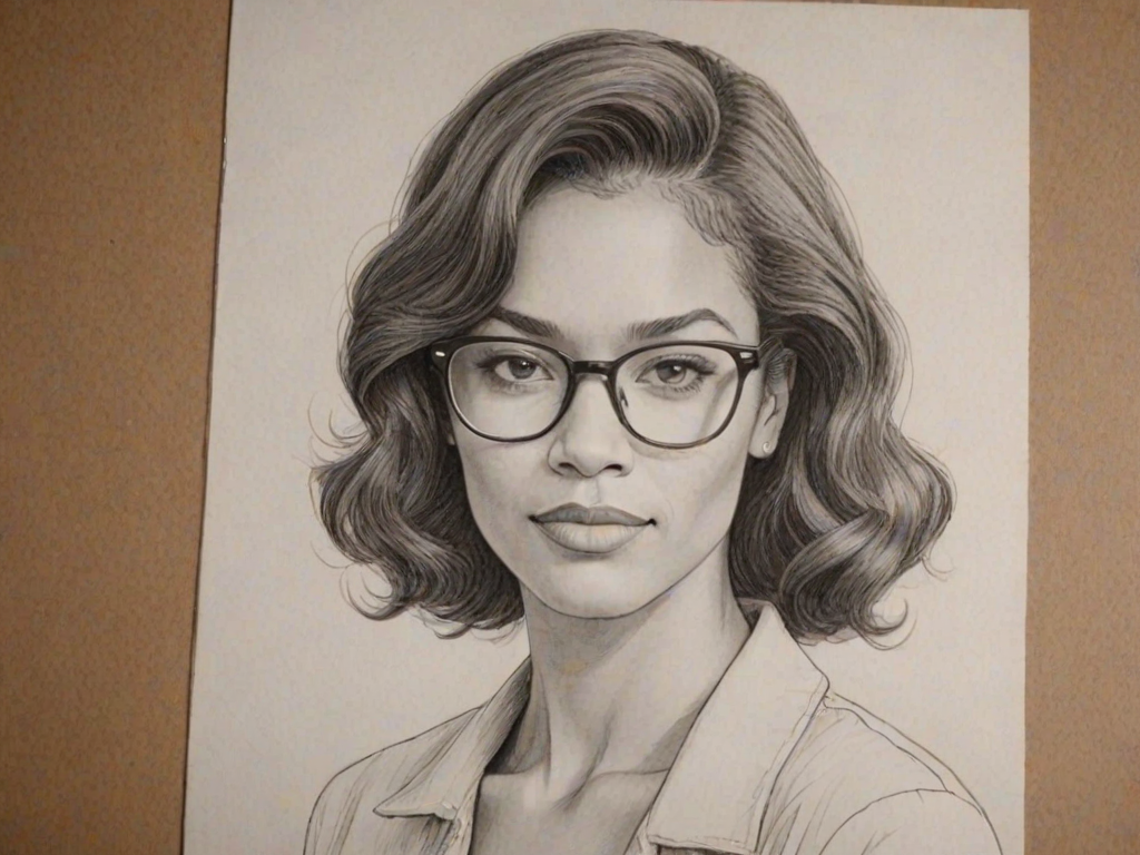 Delightful Annie Ilonzeh, pencil sketch, portrait of Attractive woman 1978s in glasses, hair style beatnik, outline, clear lines, fine lines, 8k