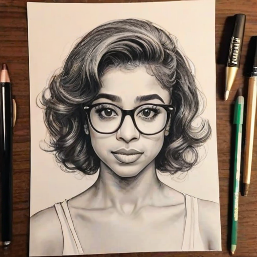 Exquisite Liza Koshy, pencil sketch, portrait of Bewitching woman 1966s in glasses, hair style beatnik, outline, clear lines, fine lines, 8k