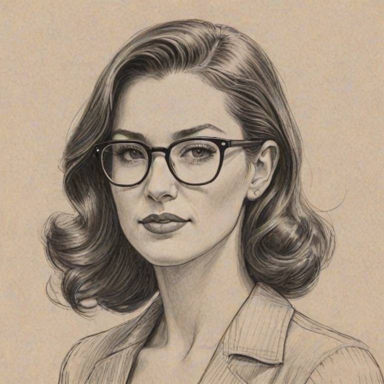 Elegant Becca Kufrin, pencil sketch, portrait of Charming woman 1941s in glasses, hair style beatnik, outline, clear lines, fine lines, 8k