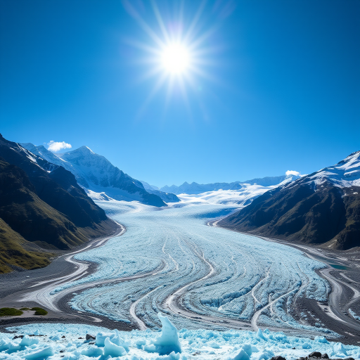 Regenerate a stunning landscape photograph of a glacier scene capturing majestic mountains under a bright blue sky, using a DSLR camera with a 24mm lens, aperture f/8, ISO 100, and a shutter speed of 1/250 sec, taken from a high vantage point for a wide-angle view.