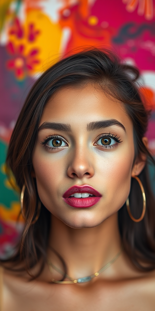 Create a vibrant portrait of a young woman with expressive features and a colorful abstract background, using a Canon EOS R5 with a 50mm f/1.2 lens, aperture set to f/2.8, ISO 100, and a soft focus effect to enhance details and colors.