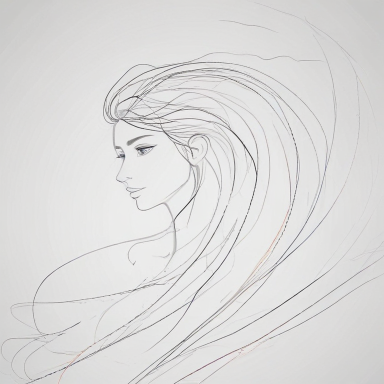 Elegant Line Art of a Woman with Flowing Hair and Graceful Features