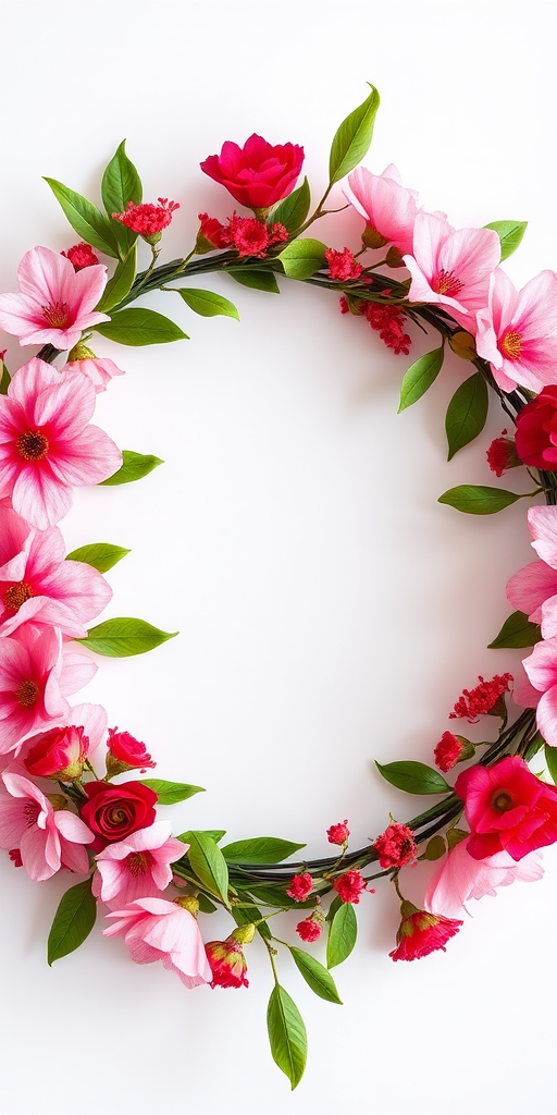 a circular floral wreath with pink and red flowers and green leaves, taken with a DSLR camera, aperture f/2.8, ISO 100, 50mm lens, natural light, overhead view, high-resolution image