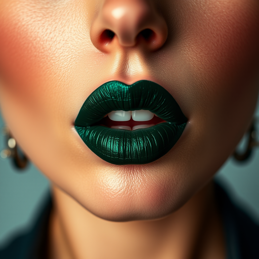 Seductive woman lips coated in deep emerald green velvet matte lipstick, full face image conveying alluring mystique and bold personality