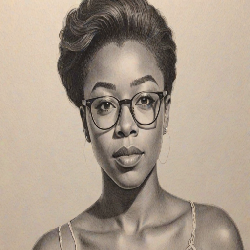 Bewitching Samira Wiley, pencil sketch, portrait of Beauteous woman 1968s in glasses, hair style beatnik, outline, clear lines, fine lines, 8k