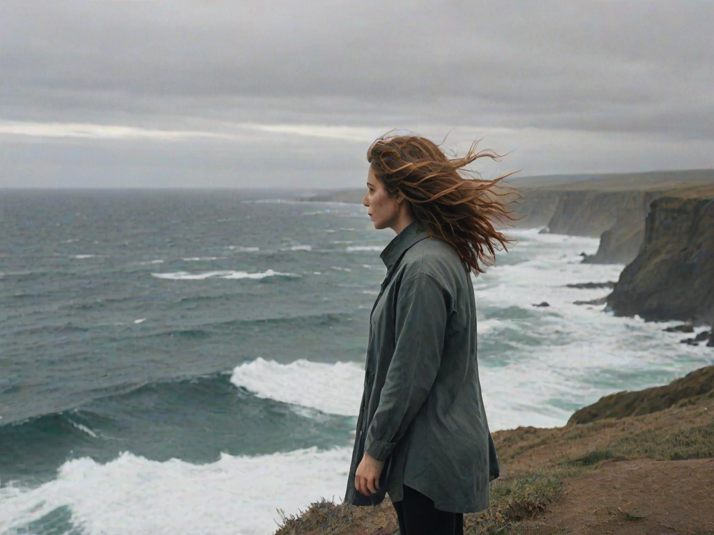 Woman standing on a cliff's edge, her hair blowing in the wind, as she gazes out over a vast ocean, waves crashing below.