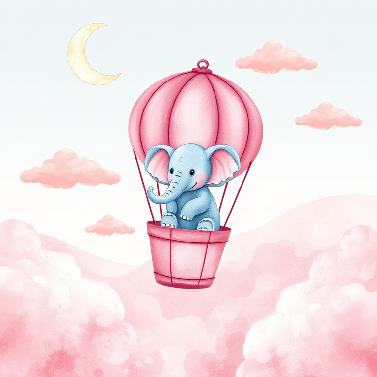 a whimsical watercolor illustration of an elephant in a pink hot air balloon floating among soft pink clouds and a crescent moon, taken with a Canon EOS R5, 50mm lens, f/1.8 aperture, ISO 100, soft natural lighting, high-resolution view