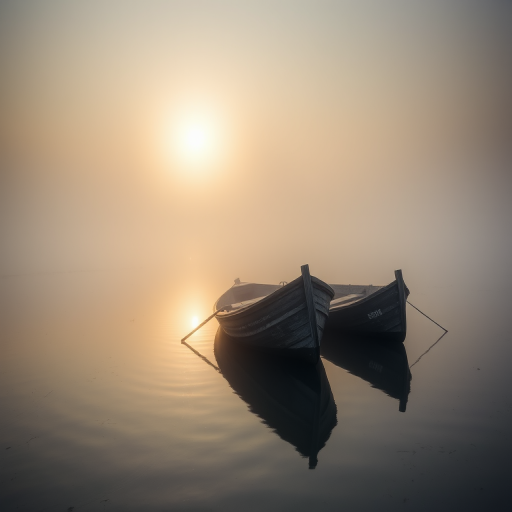 Create a misty scene with sunlit fog over a serene river, featuring two abandoned wooden boats partially submerged, with reflections visible in the water, captured with a Canon EOS 5D Mark IV, ISO 100, f/8, 1/125s, using a 50mm lens at dawn to enhance details and depth.