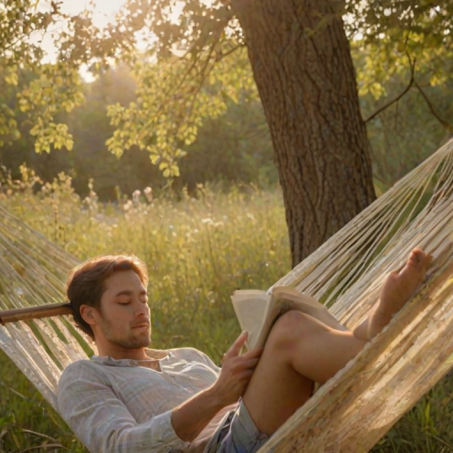 Softly focused image of a person reading a book in a hammock under a tree, soft golden light filtering through the leaves, with distant wildflowers gently swaying in the breeze and a peaceful atmosphere.