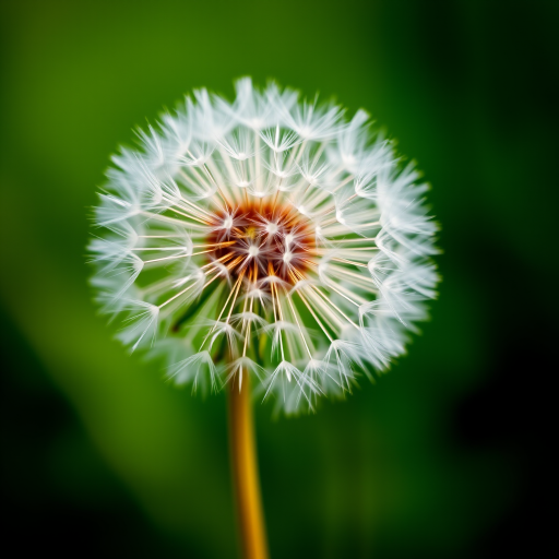 macro shot of a dandelion in soft focus with a blurred green background, aperture f/2.8, shutter speed 1/100, ISO 200, taken with a DSLR camera from a low angle to emphasize the details and textures of the flower.