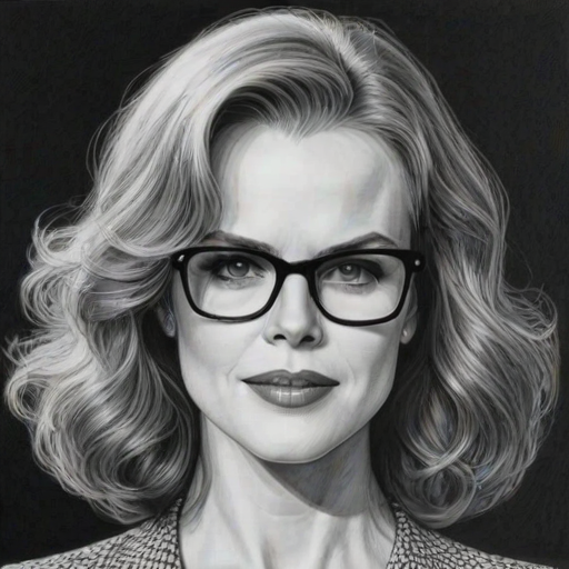 Wonderful Nicole Kidman, pencil sketch, portrait of Delightful woman 1979s in glasses, hair style beatnik, outline, clear lines, fine lines, 8k