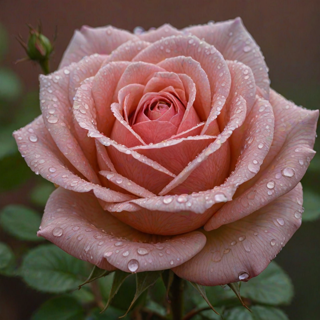 Create an image of a single rose with dew drops on its petals. The rose should be in full bloom and the background should be blurred with a hint of greenery. The rose should be captured from a side angle, showcasing its vibrant color and intricate petal structure.