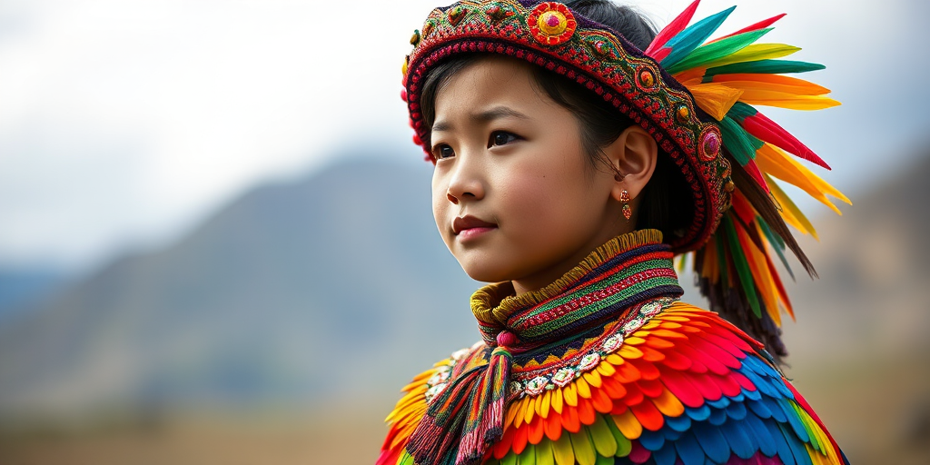 A beautiful Mongolian girl, wearing colorful bird clothing with vibrant colors