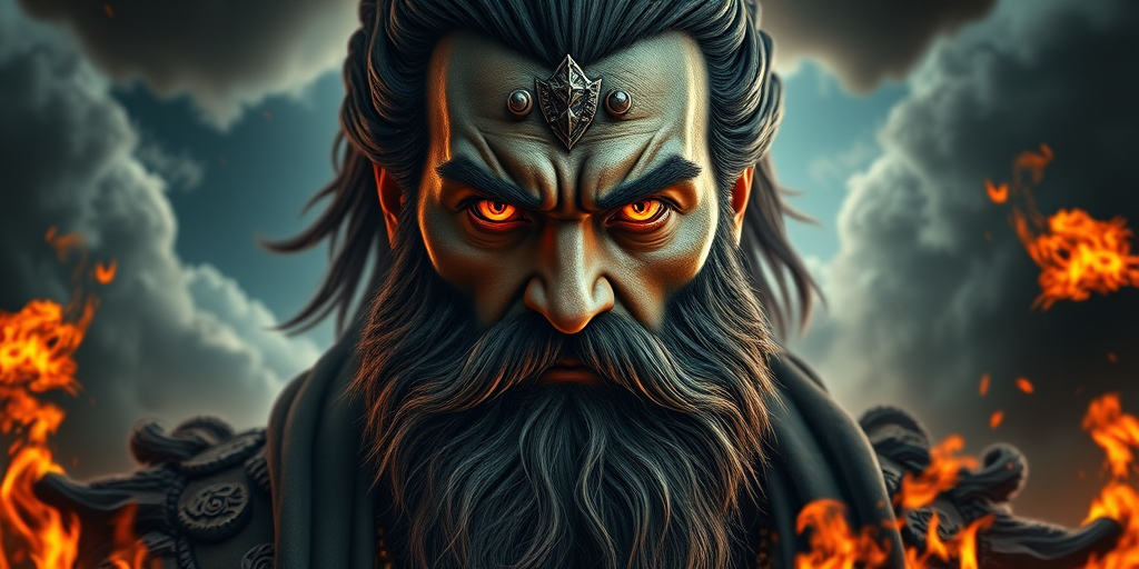 Generate a hyper-realistic portrait of a powerful, bearded deity with intense orange eyes, surrounded by stormy clouds and flames, using a Canon EOS R5 with a 50mm f/1.2 lens, 1/200 sec shutter speed, ISO 100, shot in dramatic lighting from a low angle for added intensity and depth, emphasizing the details in the face and texture of the clouds and fire.