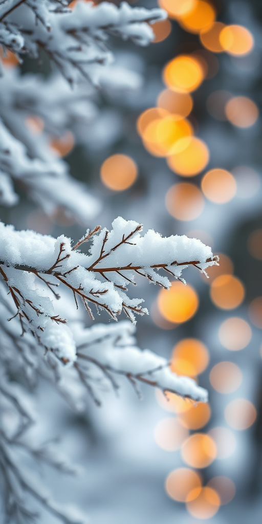 Create an image of a snowy tree branch with soft white snow covering the needles and blurred warm golden lights in the background creating a cozy winter atmosphere