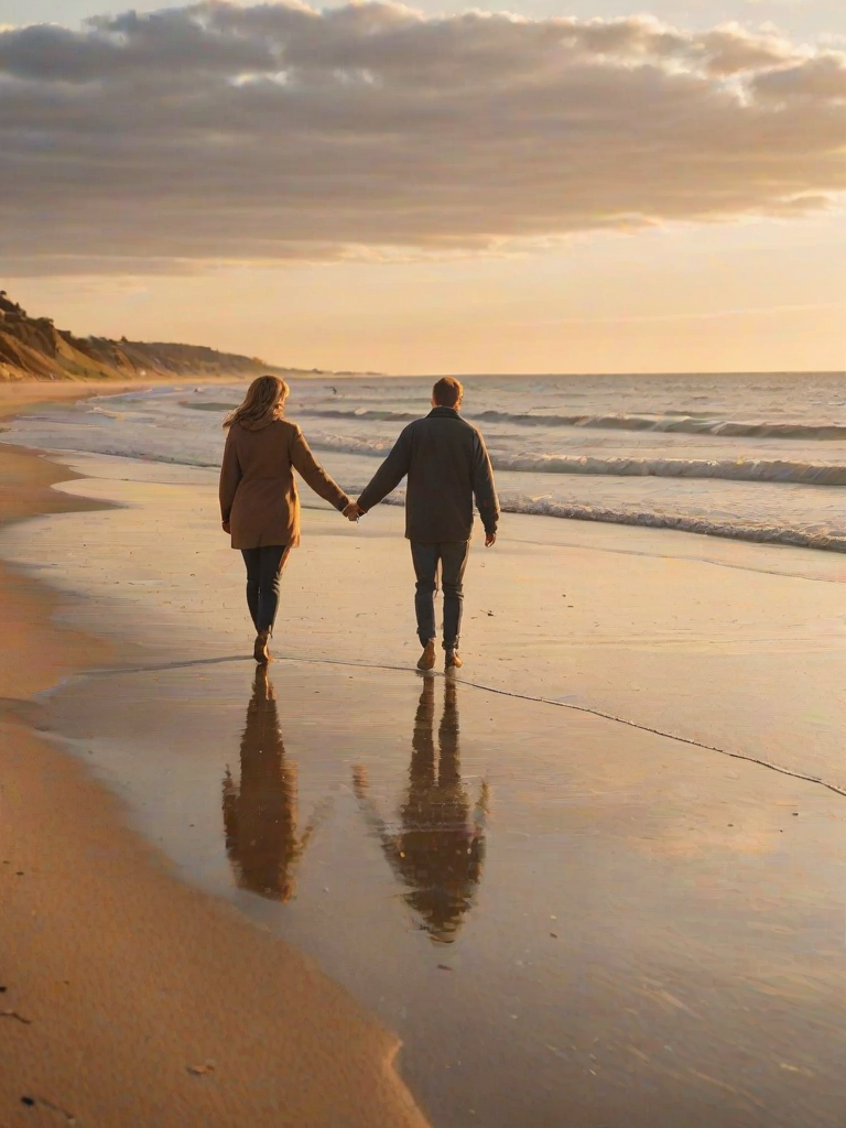 Warmly lit photo of a couple walking hand-in-hand along a quiet beach at sunset, soft golden light reflecting off the water, with distant seagulls flying overhead and gentle waves lapping at the shore.