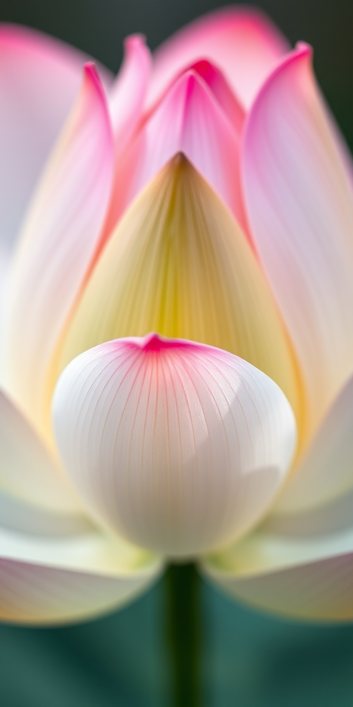 A close-up shot of a delicate lotus flower bud with soft pink and green hues, natural light, shallow depth of field, captured with a DSLR camera using a 50mm lens at f/1.8, ISO 100, and a shutter speed of 1/200 seconds.