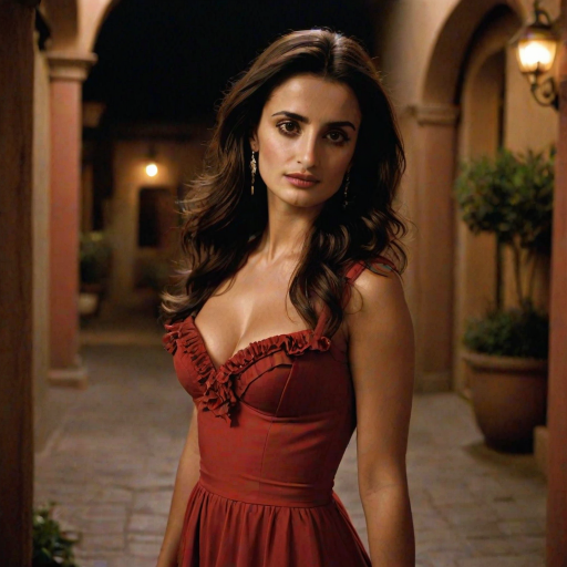 Alluring photograph of Penelope Cruz, celebrated for her performances in "Vicky Cristina Barcelona" and "Volver," capturing her sultry gaze, long dark hair, and full lips, dressed in a flamenco-inspired red dress with ruffles, posed gracefully in a dimly lit Spanish courtyard.