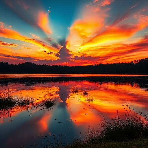 Capture a vibrant sunset over a serene lake with reflections, use a Canon EOS R5, 24mm lens, aperture f/8, ISO 100, shutter speed 1/125s, in a landscape orientation, employing HDR photography for enhanced details and colors.