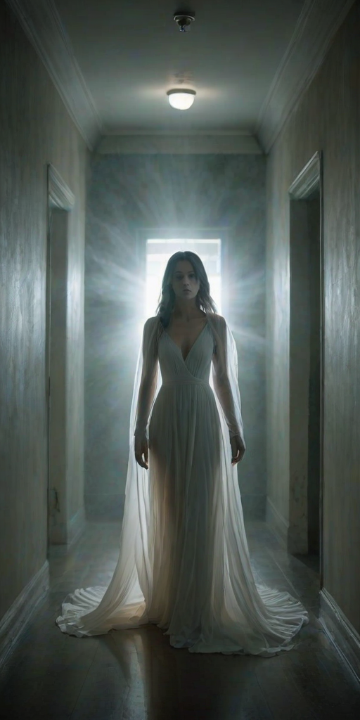 create an ethereal, ghostly figure of a woman in a flowing white dress standing in a dimly lit corridor, with a spectral glow and an air of mystery surrounding her