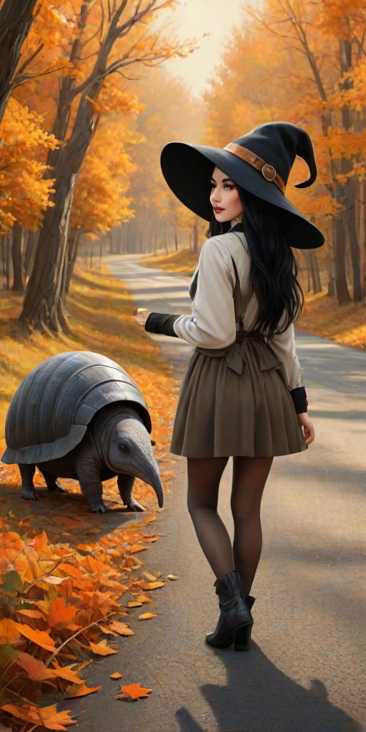 digital art fantasy depicting a strange girl with black hair, long eyelashes, orange lipstick and a tall hat walking along a winding road on an autumn afternoon, an armadillo smiles as he passes
