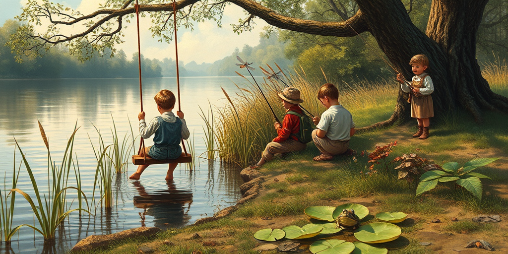 Imagine a small group of old fashioned young boys out fishing by the creek, a swing hanging from a tree branch, reeds and grasses by the water's edge, a frog sitting on a lily pad, dragonflies hovering over som water plans, a very iconic old fashioned scene reminiscent of a Norman Rockwell painting style