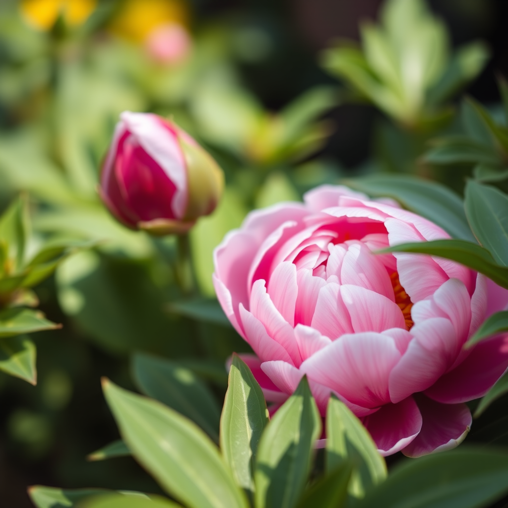 Capture a close-up of a blooming pink peony surrounded by green leaves, using a Canon EOS 5D Mark IV with a 50mm f/1.8 lens, aperture set to f/2.8, ISO 100, natural lighting, shallow depth of field for a soft background blur.