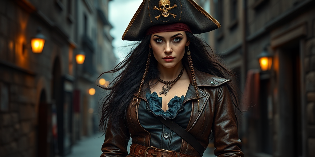 Create a portrait of a fierce female pirate. She wears a leather tricorn hat adorned with a skull and crossbones emblem, and her long, dark hair flows around her face. Her outfit consists of a richly detailed leather jacket, a corset, and multiple layers of belts and accessories, giving her a formidable and stylish appearance. She stands confidently in a dimly lit, historic port town, with a backdrop of weathered buildings and cobblestone streets, capturing the adventurous spirit of a pirate.