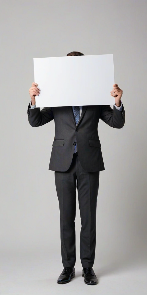 create an image of a person in a business suit holding a large blank sign in front of their face, with only their hands visible, in a studio environment