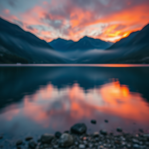 high-resolution image of a serene landscape featuring a calm lake surrounded by mountains during sunset, with vibrant colors reflecting on the water, captured with a DSLR camera with a 50mm lens at f/1.8, ISO 100, shutter speed 1/125 sec, taken from a low angle for enhanced depth, using a wide aperture to create a slight blur in the background for focus on the foreground elements