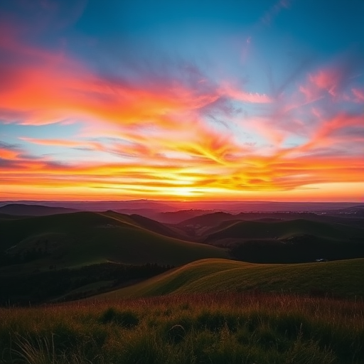 Create a high-resolution image of a serene landscape featuring rolling hills at sunset, with vibrant colors in the sky, shot with a Canon EOS R5 using a 24-70mm lens at f/8, ISO 100, and a shutter speed of 1/250s, in a horizontal view for a panoramic effect.