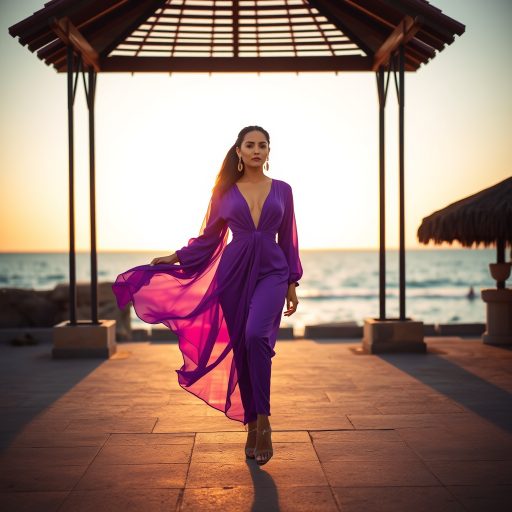 capture a stylish model in a flowing purple outfit standing gracefully under a gazebo by the sea during golden hour, use a Canon EOS R5, 50mm lens, f/1.8 aperture, ISO 100, shutter speed 1/200s, soft focus background for depth, vibrant color saturation.