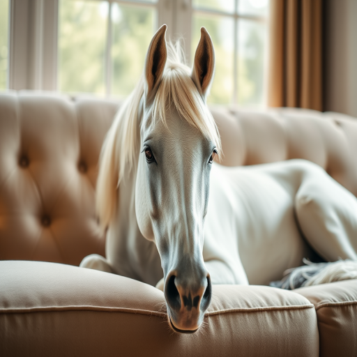 A serene white horse resting on a plush sofa, soft natural lighting, shallow depth of field, focal length 50mm, aperture f/1.8, ISO 200, taken with a DSLR camera in portrait orientation.