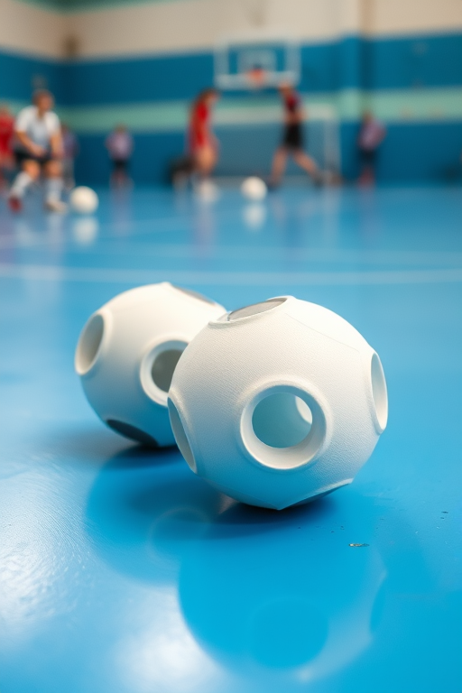 A low-angle shot of two white floorball balls with visible holes on a vibrant blue sports floor, captured in a gym with blurred players in the background, using a DSLR camera at f/2.8 aperture, ISO 800, shutter speed 1/200s, in natural lighting for enhanced clarity and depth of field.