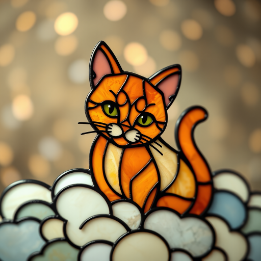 simple cute stained glass ginger cat on a cloud pattern, DoF, bokeh, Hyper-realistic photo, 8K, UHD
