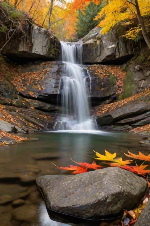 a serene waterfall surrounded by vibrant autumn foliage with orange and yellow leaves, reflecting calm water and smooth rocks in a natural setting