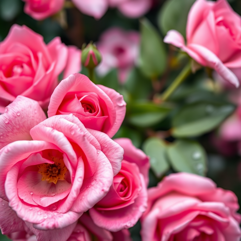 a soft-focus floral background featuring pink roses and water droplets, captured with a DSLR camera at f/2.8 aperture, 50mm lens, ISO 100, natural light, vibrant colors, shallow depth of field, top-down view