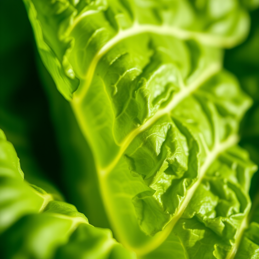 Close-up shot of a fresh green lettuce leaf with intricate textures and shadows, macro lens at f/2.8 aperture, ISO 100, 100mm focal length, side lighting, DSLR camera.