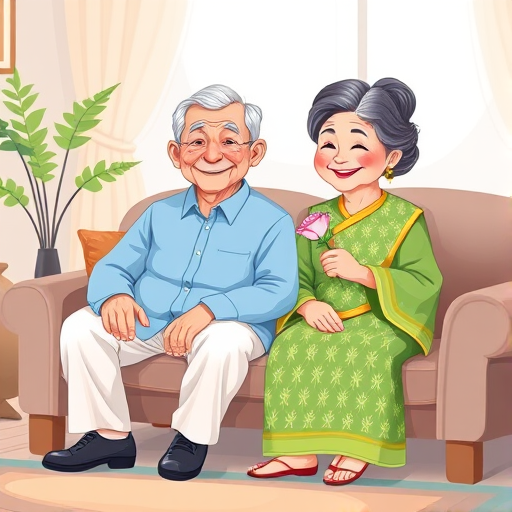 Create an illustration of an elderly couple sitting on a cozy sofa, the man wearing a light blue shirt and white pants with a gentle smile, and the woman in a green traditional dress holding a flower, bright colors, soft lighting, 50mm lens, f/2.8 aperture, shallow depth of field, vibrant cartoon style.