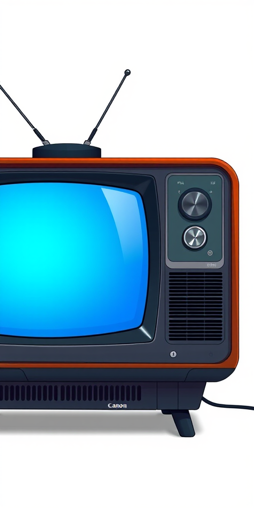 Create a high-definition illustration of a retro television set with a blue screen and antenna, using a Canon EOS R camera with a 50mm lens at f/2.8, 1/100 sec shutter speed, and ISO 100, in a soft diffused light setting to enhance colors and details.