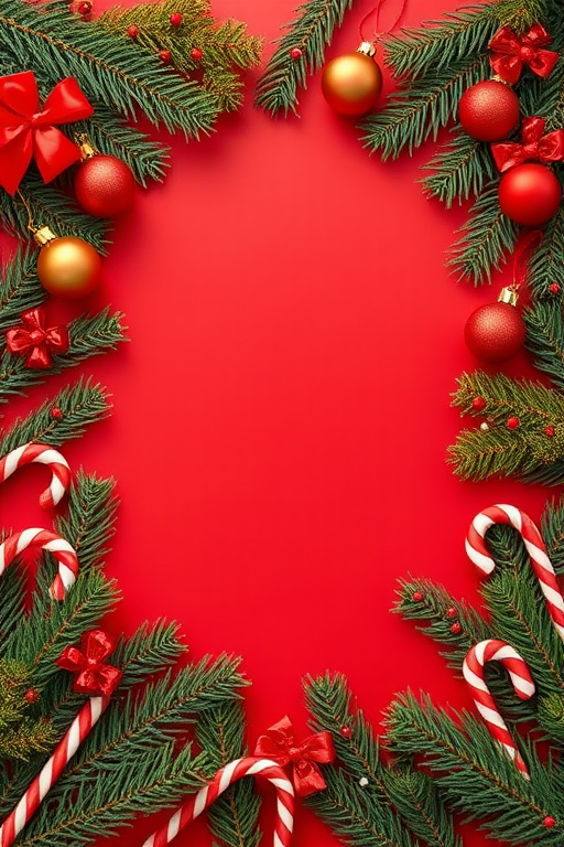 Create an image featuring a festive holiday scene with a solid red background. Include pine branches, red and gold ornaments, and candy canes arranged around the edges of the image to create a decorative border. Ensure there is ample empty space in the center for text or additional elements.