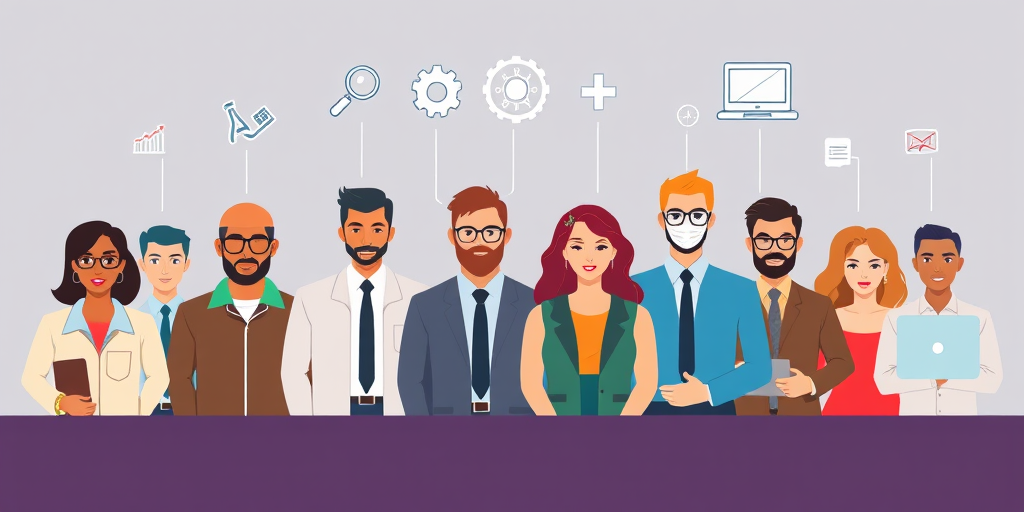 Create a high-resolution vector graphic illustration of diverse human figures representing various professions and skills, arranged in a horizontal line with icons like magnifying glass, gear, plus sign, and computer symbol above them, using a DSLR camera type with a 50mm lens, aperture set to f/8 for clarity, and a focus on sharp details.