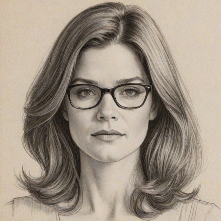 Superb Betsy Brandt, pencil sketch, portrait of Graceful woman 1974s in glasses, hair style beatnik, outline, clear lines, fine lines, 8k